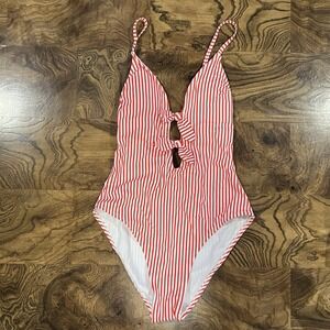 NWT Xhilaration One Piece Swimsuit Red White Stripe Tie Bow Accents Small